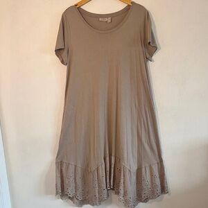 LOGO by Lori Goldstein Dorothy Taupe Eyelet Ruffle Hem Dress